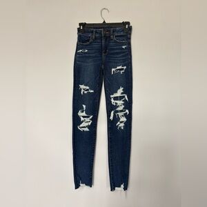 American Eagle High Rise Distressed Jeans Dark Wash Ripped Skinny Short Length